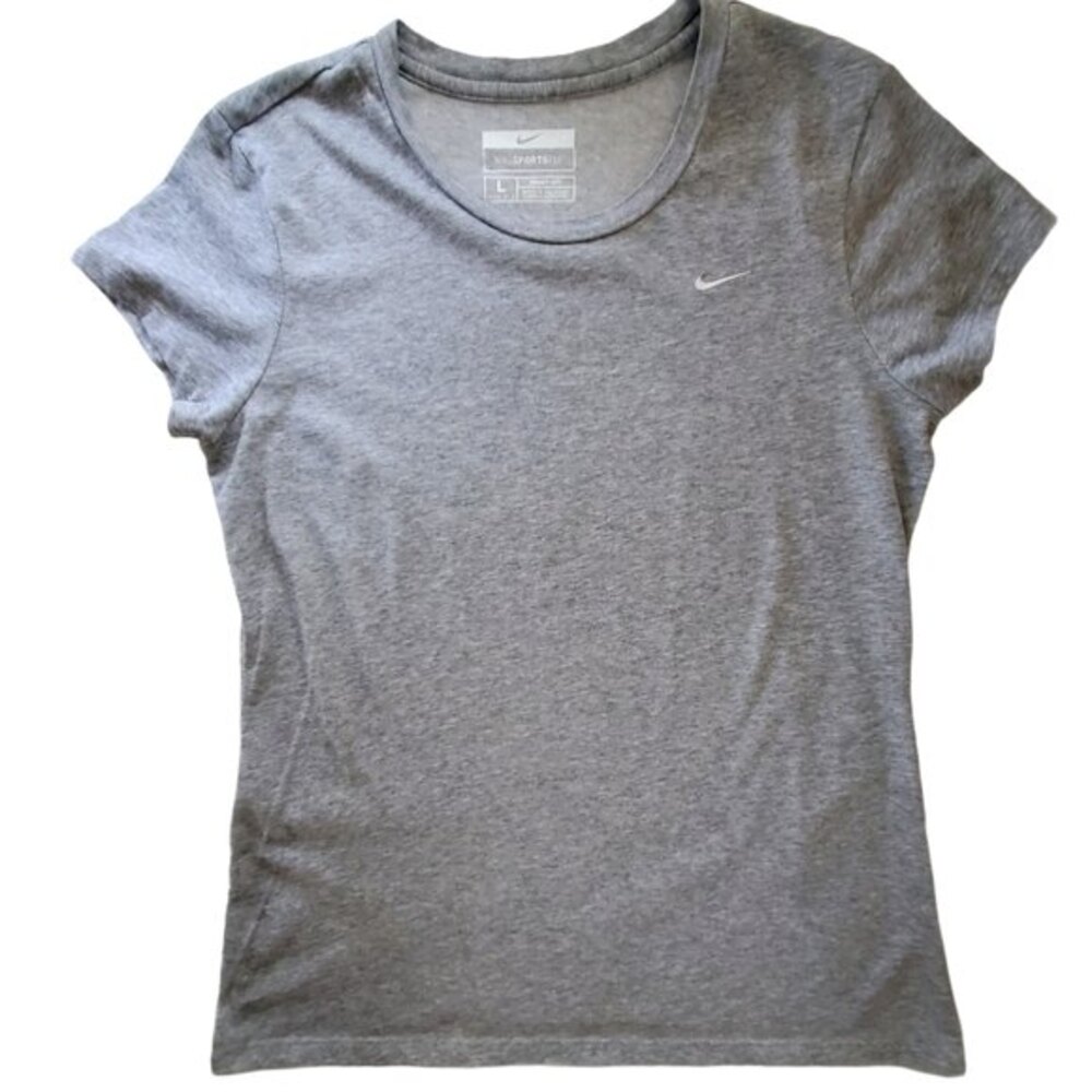 Nike Fit Dry Sports Tee Grey Embroidered Logo Women Size L - Picture 1 of 8